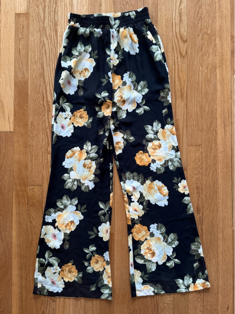 Socialite Wide Leg Black Pants with Yellow & Olive Floral Print